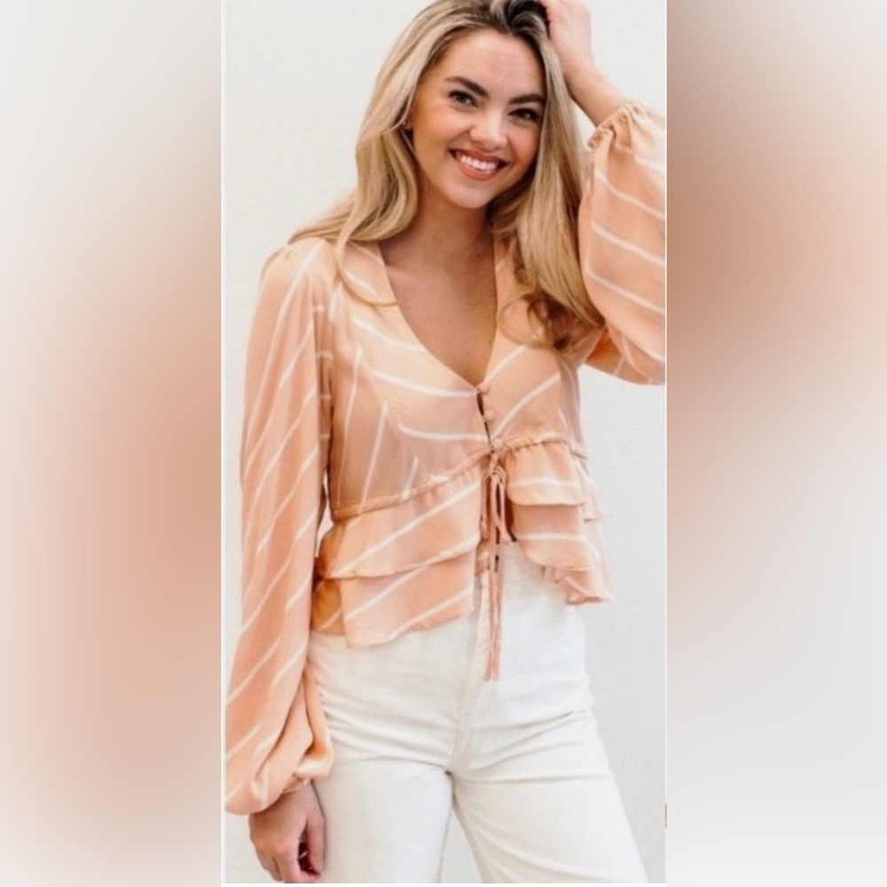 Free People Peach Striped Women's Blouse